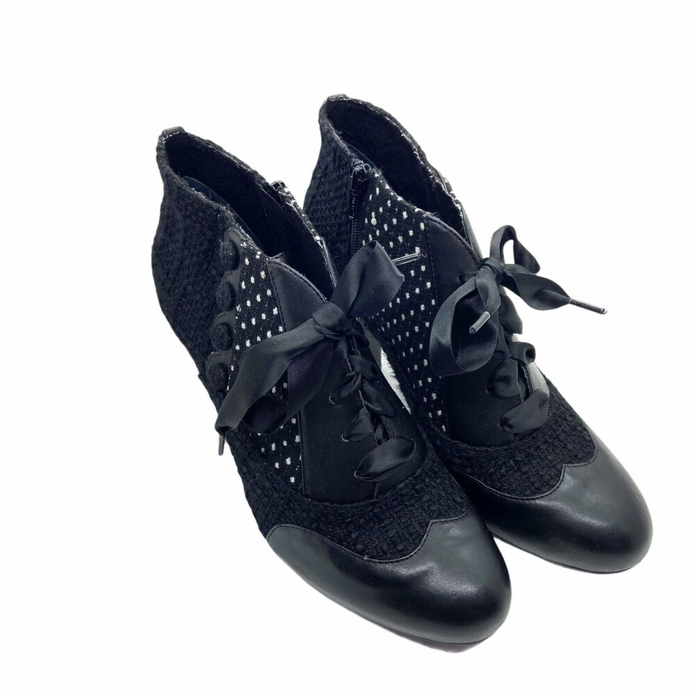 Poetic Licence Victorian Bootie Stiletto Heels Tweed Lace Up sz 9 Black Polkadot